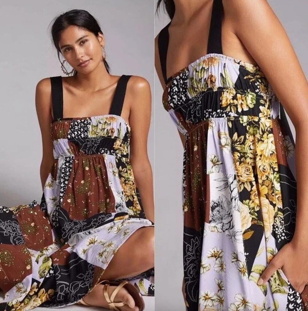 Anthropologie Maeve Patchwork Maxi Dress Medium Mixed Print Floral Cottagecore
